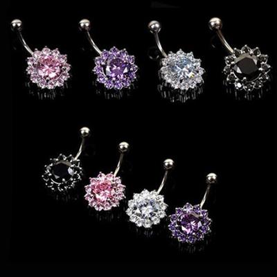 Cubic Zirconia Flower Crystal Rhinestone Navel Barbell Belly Ring Body Piercing