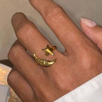 Stainless Steel Gold Color Star Moon Open Rings for Women Vintage Metal Adjustable Finger Rings Personality Jewelry Gifts