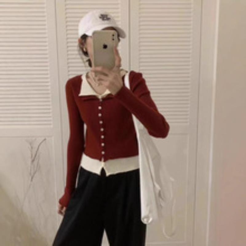 

Ранней осенью новый контрастный цвет, вязаный кардиган-обманка из двух частей, женский, приталенный и тонкий, универсальный, простой свитер с лацканами one size fits all красный