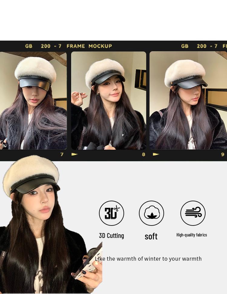 Women's Trendy Plush Fur Beret - Warm Autumn/Winter Eight-Panel Hat, Stylish and Versatile for a Petite Look