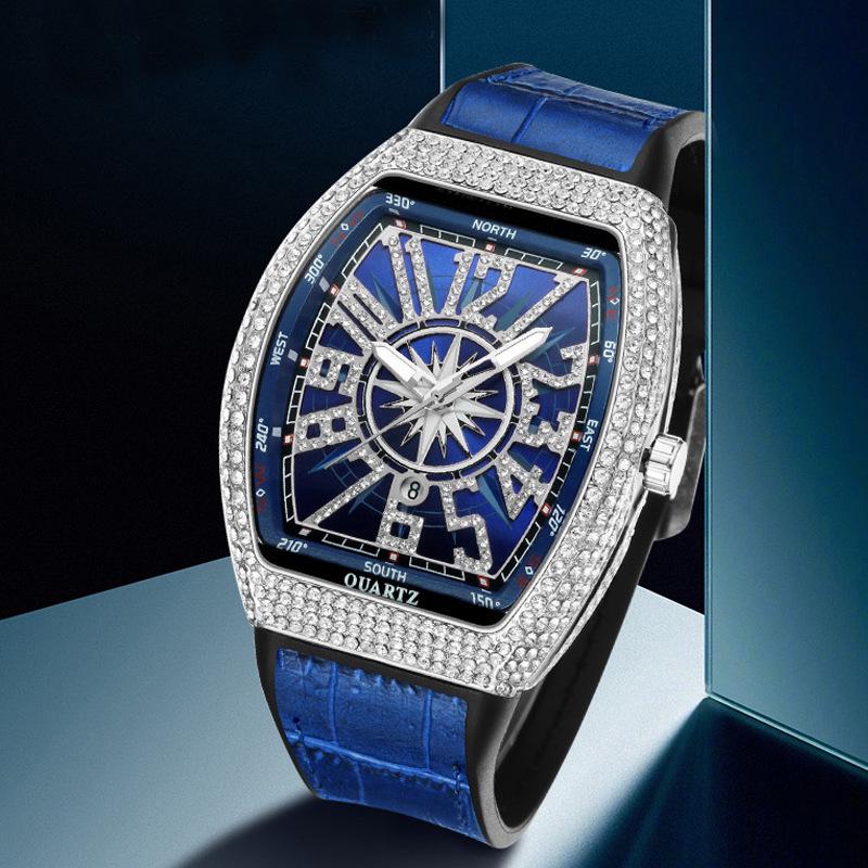 Męski zegarek na rękę Yacht z beczułkowatym skórzanym paskiem i inkrustowanymi diamentami - Retro design kwarcowy