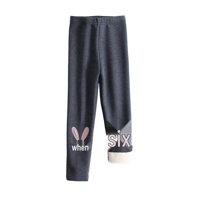 Girls' Winter Fleece-Lined Cotton Leggings with Rabbit Embroidery