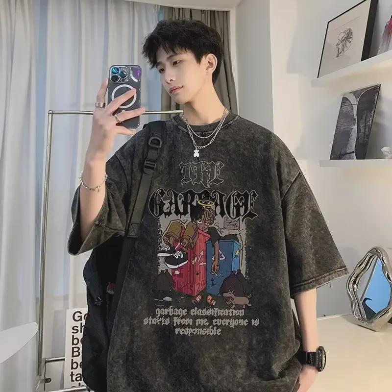 European & American High Street Retro Washed Hip-Hop T-Shirt - Men’s Summer West Coast Cotton Heavyweight Short Sleeve
