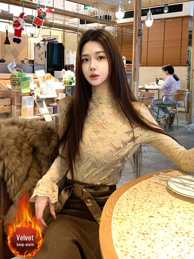 Elegant French-Style Lace Top with Velvet Lining and Half-High Collar