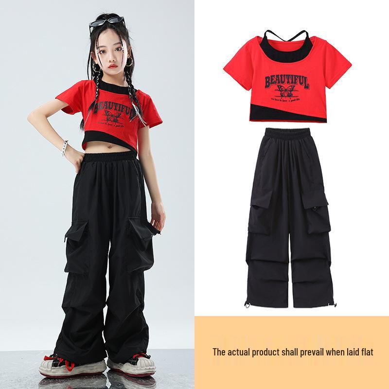 Kids' Hip Hop Dance Outfit: Boys' Trendy Set & Girls' Crop Top with Cargo Pants - Summer Jazz Performance Wear