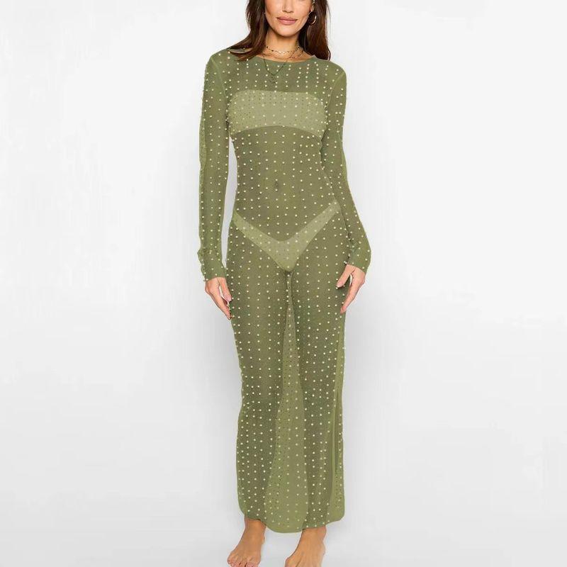 

Европейская и американская сексуальная блузка с бисером и стразами, платье с сетчатыми рукавами, платье из сетки с бисером и бриллиантами Olive green S