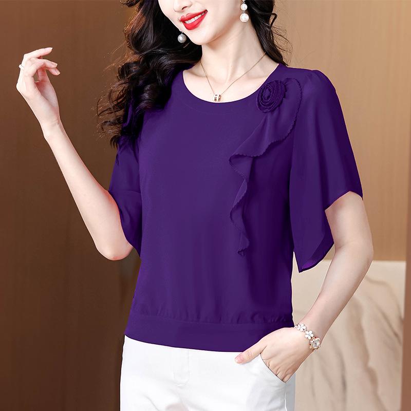 2025 Summer Chic Chiffon Blouse: Women's Floral Short-Sleeve Top