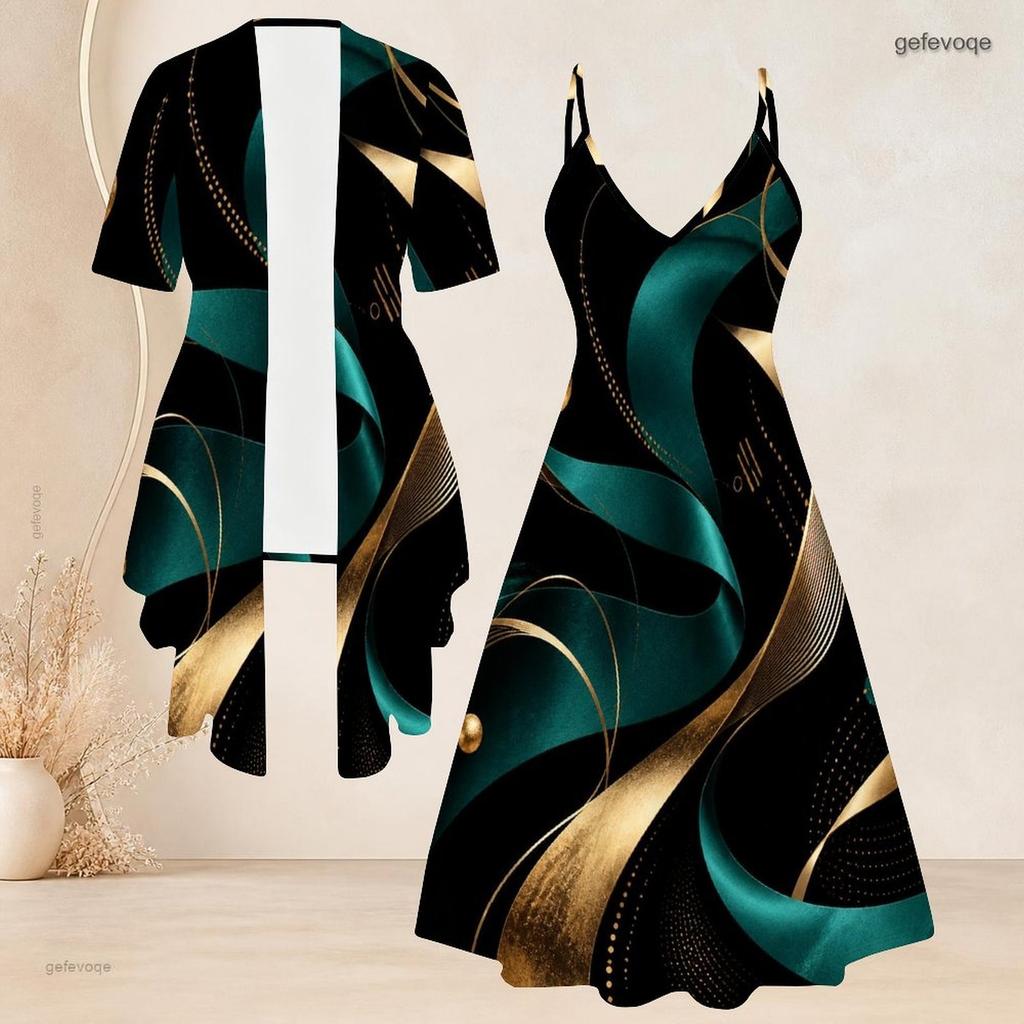 Women Plus Size Halloween Printed Two Piece Set Short Sleeve Draped Cardigan V Neck Strappy Flared Dress