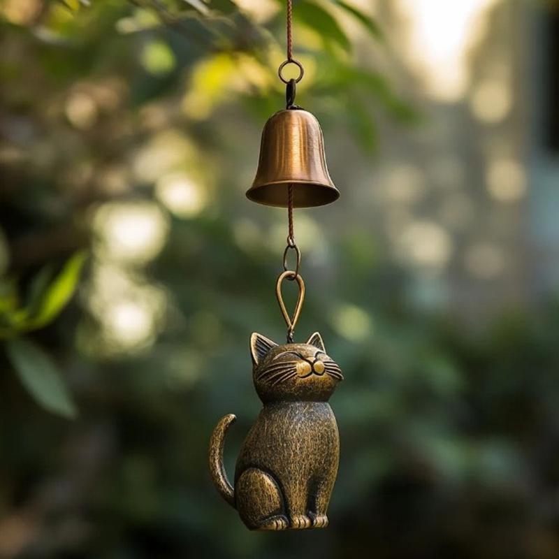 Bronze Lucky Cat Wind Chime Pendant Metal Wind Bell Tassels Figurines Japanese Feng Shui Home Decorations Gift