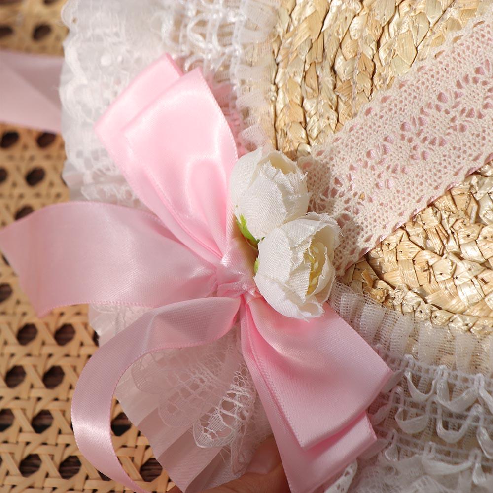 Lace Lolita Bonnet Flat Top Bow Ribbon Flower Cap Elegant Lolita Straw Hat Lolita Accessories