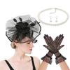 4IN1 Costume Tulle Hair Accessories Fascinator Hat Gloves Necklace Set For Equestrian Event Formal Occasion Dressingup