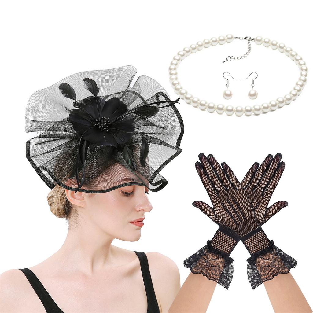 4IN1 Costume Tulle Hair Accessories Fascinator Hat Gloves Necklace Set For Equestrian Event Formal Occasion Dressingup