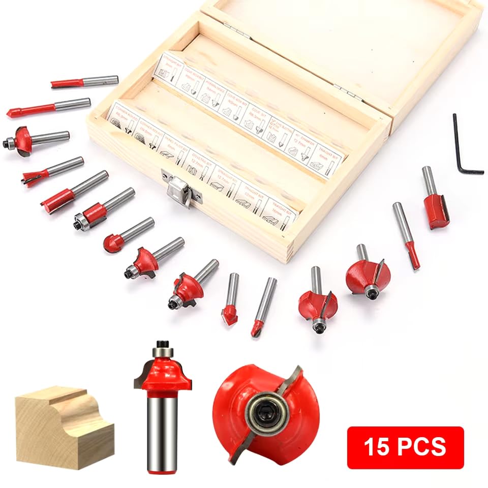 zmart Tungsten Carbide Router Bit Set of 15, 6.35mm Shank, Wood Case, Milling Cutter, Carbide