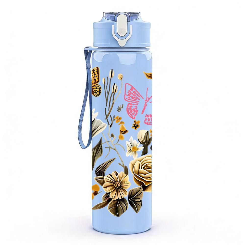 1PC Dried Flower Butterfly Wreath 750ml Color Plastic Sports Water Bottle Leakproof Flip Straw Lid Suitable for Sports Office Home Use
