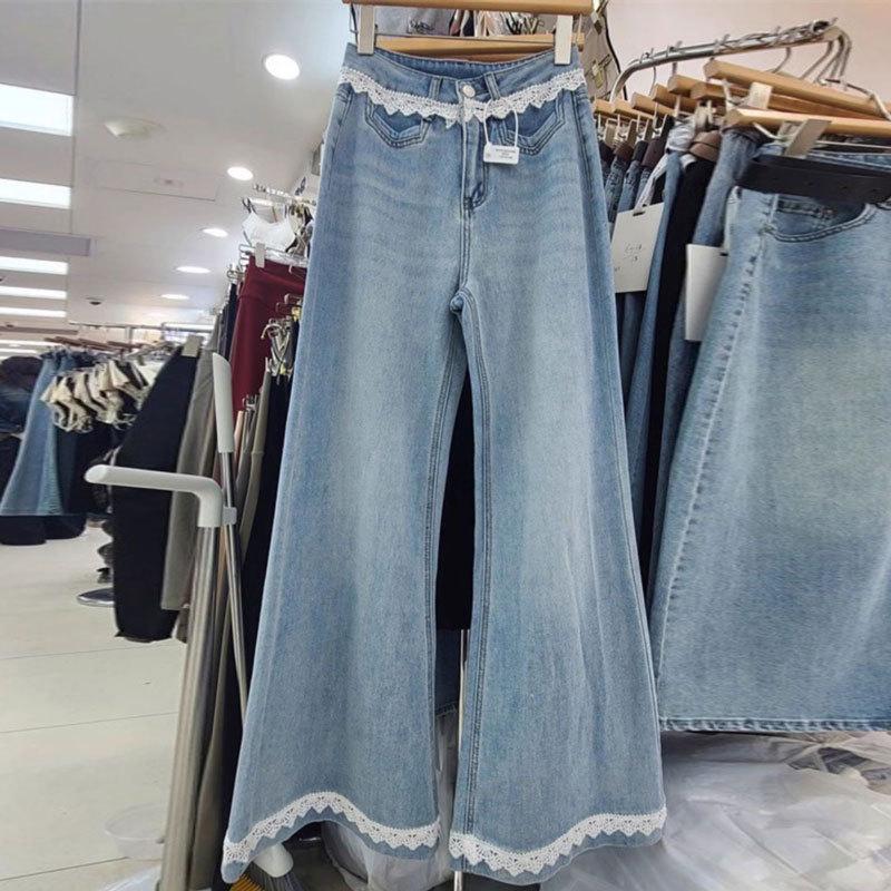 Women s Plus Size High Waist Lace Trim Patchwork Wide Leg Jeans 3XL светло-синий