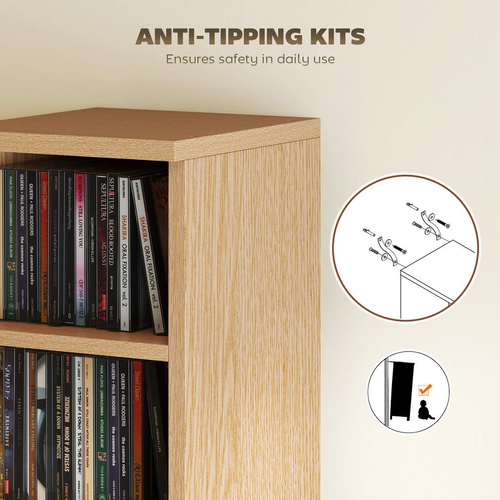 Set Of 2 CD Media Display Shelf Unit Tower Rack With Adjustable Shelves Natural