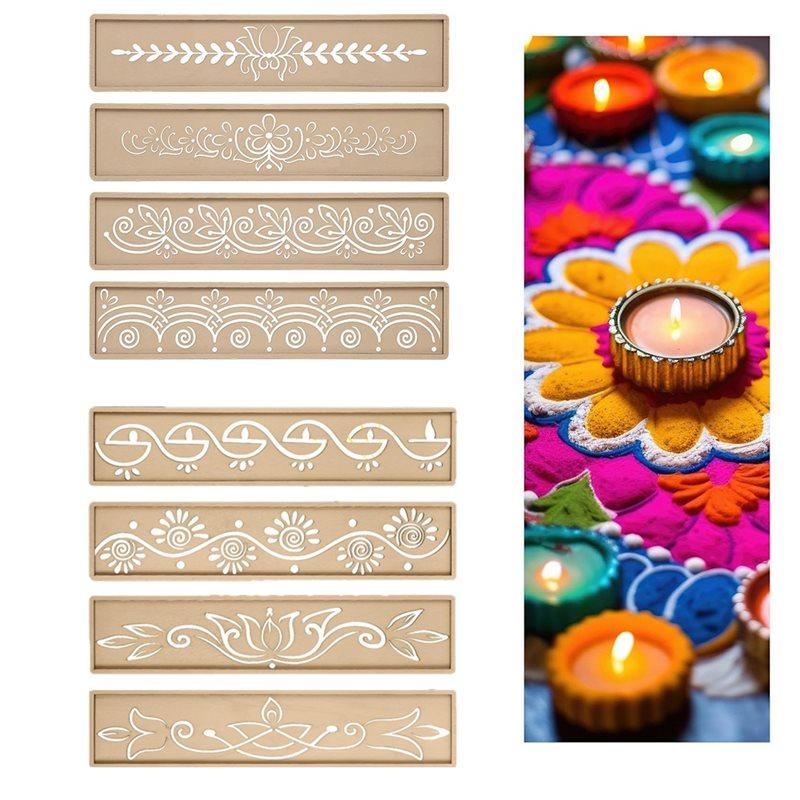Good-DIY Sand Art Making Kit 8 Pcs 12 Inch Diwali Rangoli Stencils Wooden For Lotus Elephant Peacock Varalakshmi Pooja
