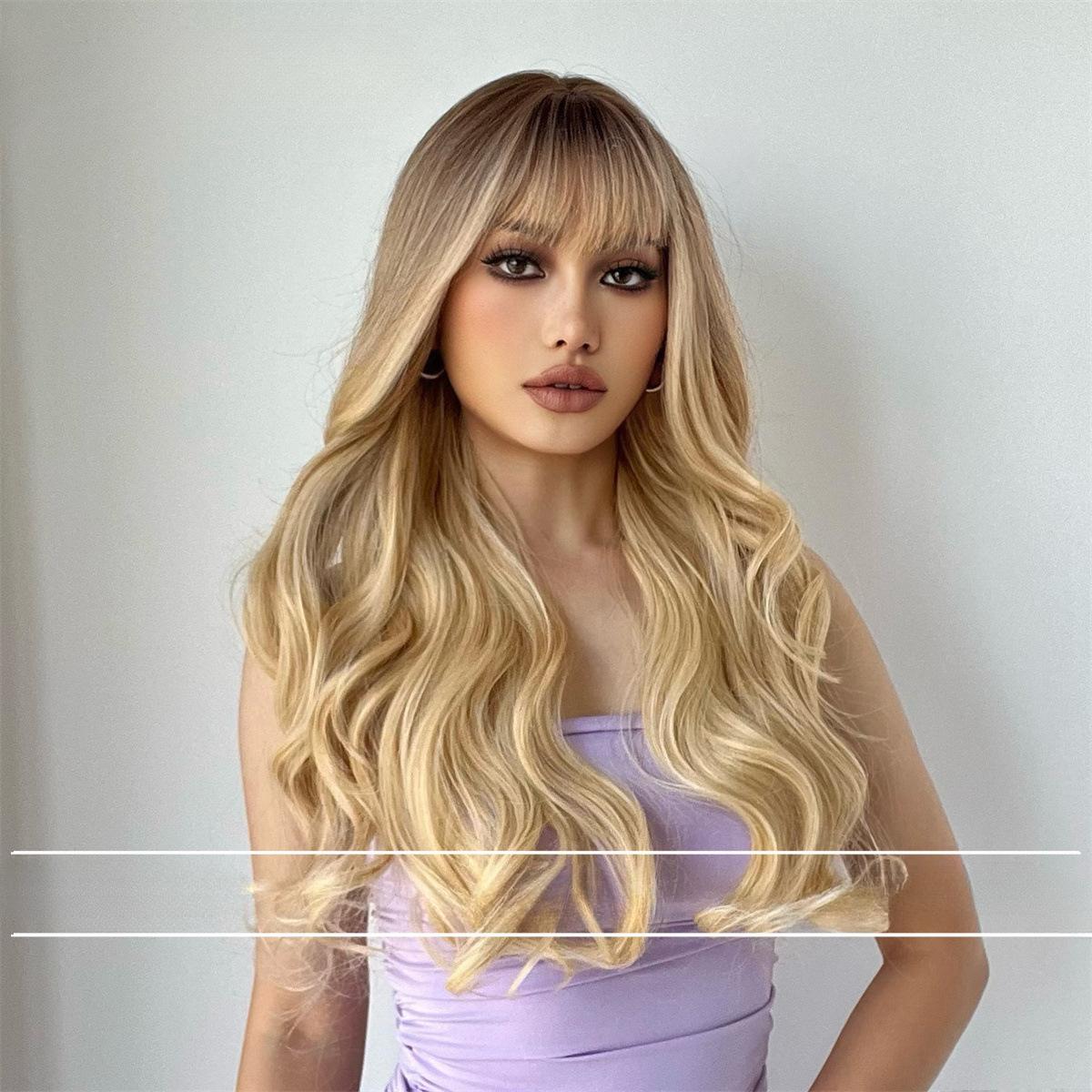 

Полный головной убор черный постепенное изменение золотой челка Qi длинные вьющиеся волосы большая волна парик женский lc8073