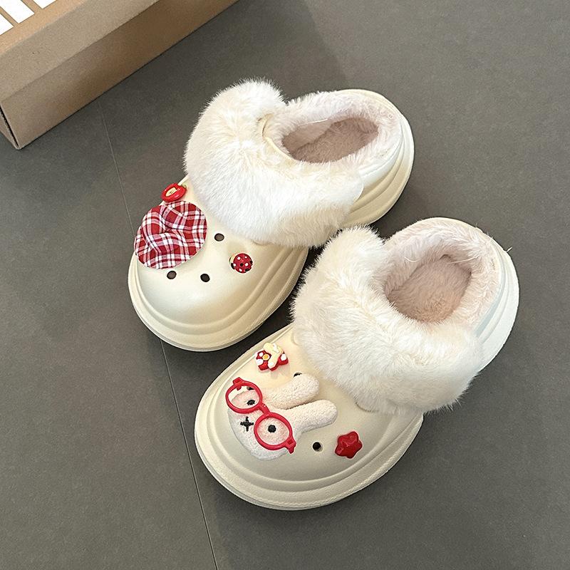 

2025 осень и зима новая милая мультяшная обувь с дырочками платформа кролик Миффи увеличивающие рост пушистые туфли женские уличные хлопковые тапочки 41 бежевый