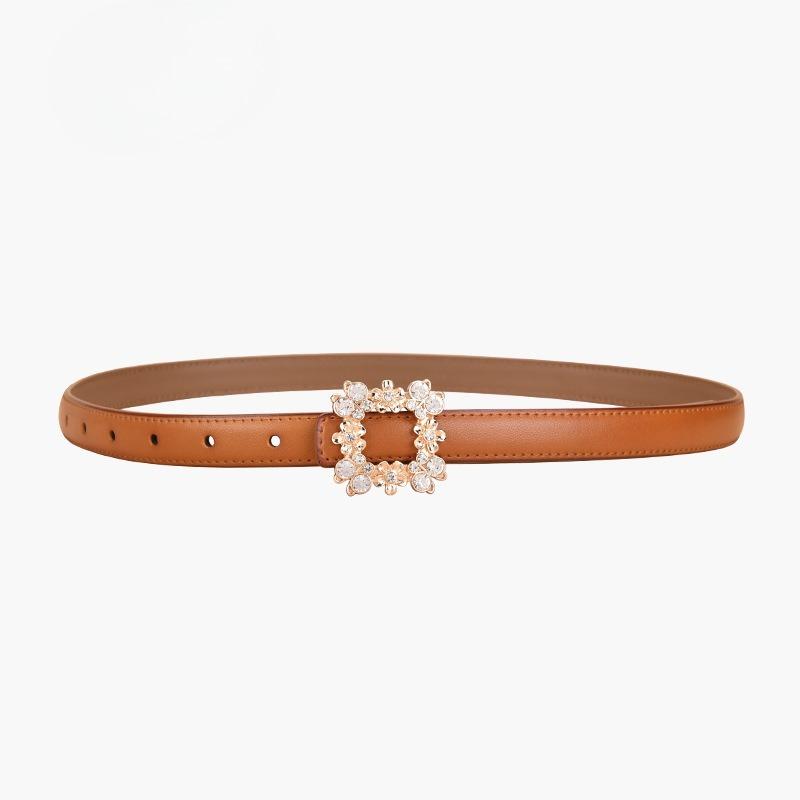New Women's Belt Inlaid with Crystal Diamond Square Buckle Decorative Strap Versatile Women's Genuine Leather Smooth Buckle Belt