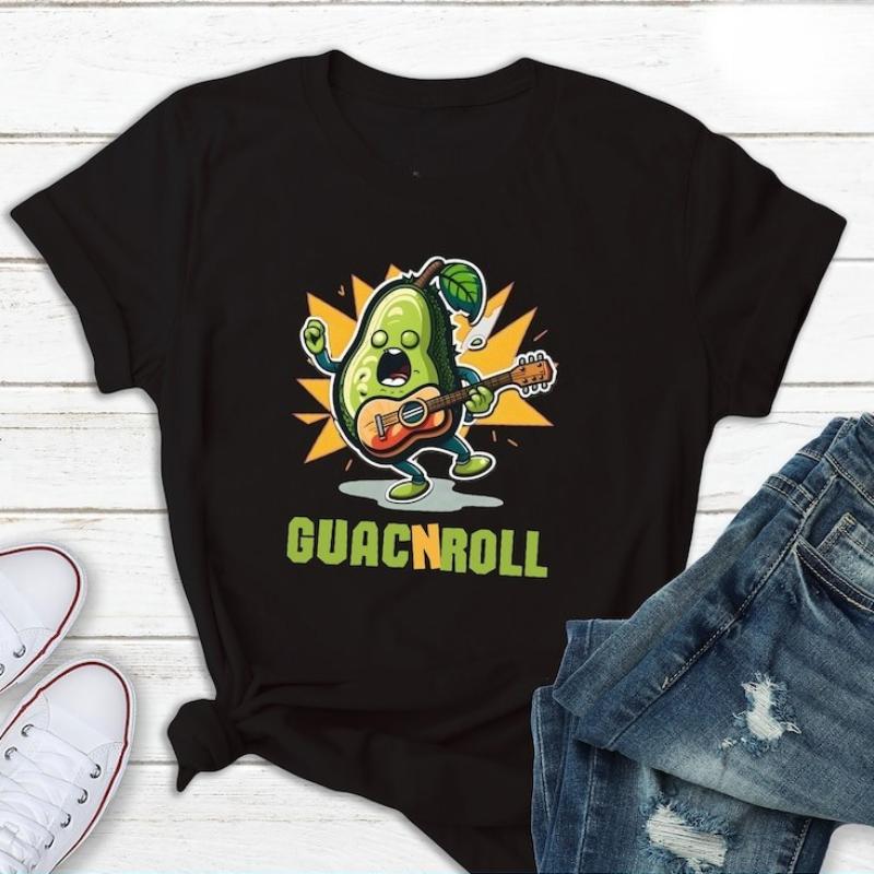 Lustiges Avocado-Shirt für Liebhaber Guac and Roll T-Shirt Niedliches Gitarrenspieler-Geschenk Guacamole Musikliebhaber Erwachsener Unisex Bedrucktes T-Shirt Oberteile