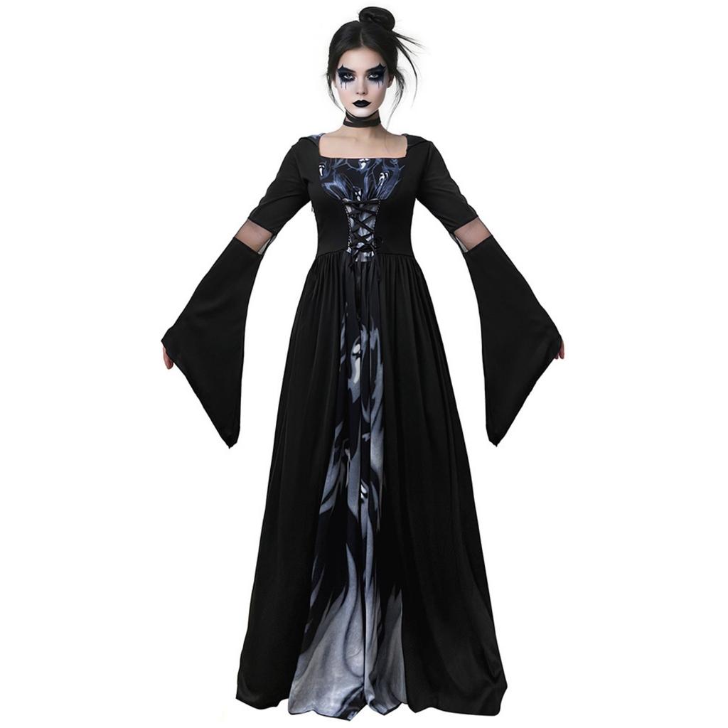 Women's Halloween Witch Costume Dress with Hooded Skeleton Print for Stage Performance