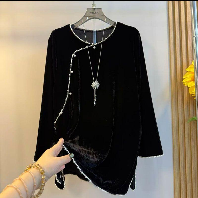 Women s Plus-size Velvet Blouse Spring Autumn Luxurious Beaded Frog Button Velvet Shirt Top 3XL