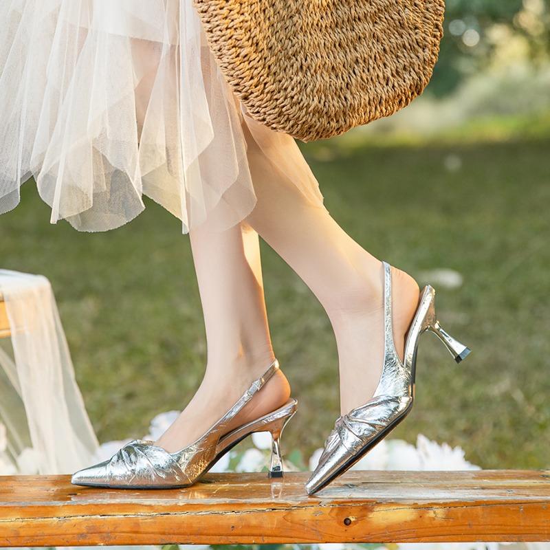 Fashion 2025 New Women's High Heel Silvery Sandals Fashion Shallow Cover Toe Shoes Summer Ladies Eelgant Slip on Party Shoes