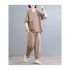 Women Summer 2 Piece Outfit Plus Size Cotton Linen Patchwork Printed Short Sleeve Top & Harem Pants Set Casual Loose Mother Clothes