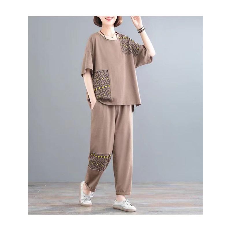 Women Summer 2 Piece Outfit Plus Size Cotton Linen Patchwork Printed Short Sleeve Top & Harem Pants Set Casual Loose Mother Clothes