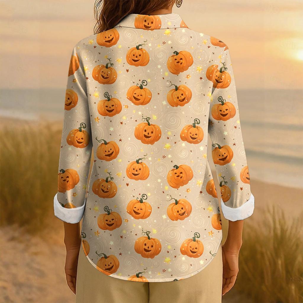 Women's Retro Halloween Printed Button Up Long Sleeved Casual Regular Shirt Collar Top