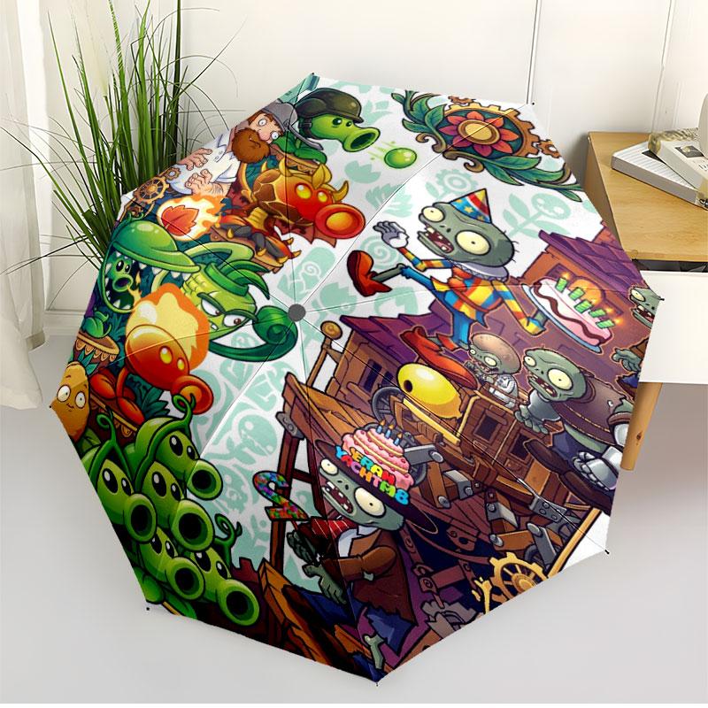 Plants VS Zombies Print Automatic Open Close Umbrella, Portable Foldable Umbrella, for Outdoor Commute Camping Trip, Ideal Birthday Gift