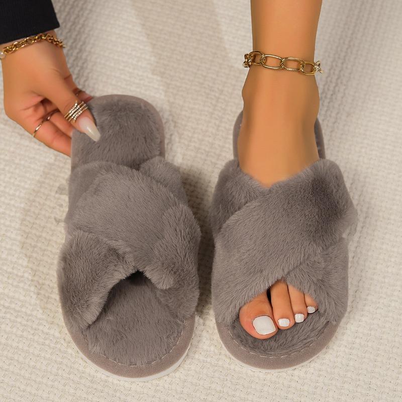 Fluffy slippers cross opening autumn and winter home non-slip flat bottom couple open toe warm fluffy