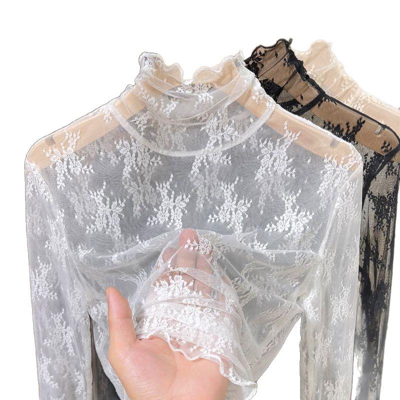 Fleece-Lined High-Neck Sheer Lace Base Layer for Women – Autumn/Winter Trendy White Mesh Top
