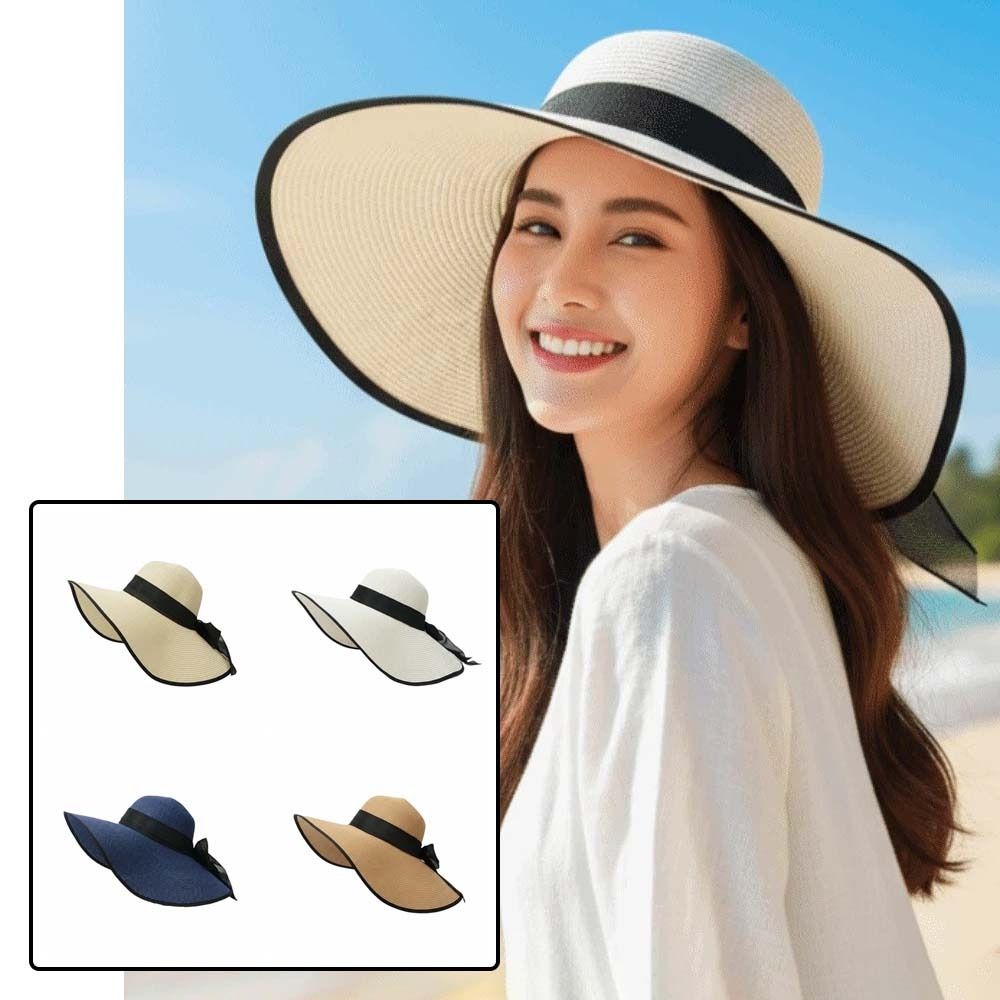 Lightweight Big Brimmed Straw Hat with Lace Ribbon Woven Sun Cap Vacation Beach Cap  Daily