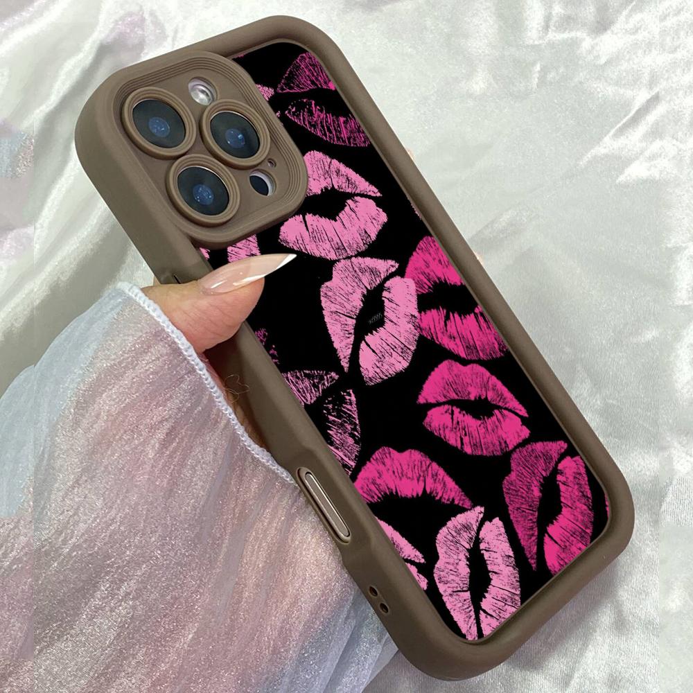 JT203 Cute Black and Pink Lips for iPhone 17 16 15 14 Pro Max Samsung S26 S25 Ultra A17 A16 A07 A56 Xiaomi 15T Redmi 15c 14C Note 13 Soft TPU Case
