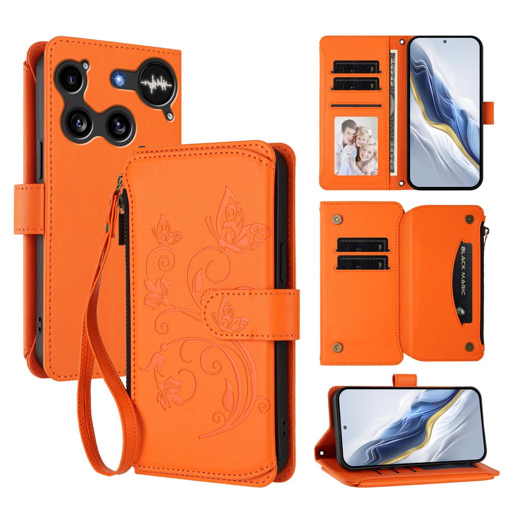 For Nothing Phone (3) 5G Leather Case Butterfly Floral Imprint Zipper Wallet Stand Cover with Wrist Strap