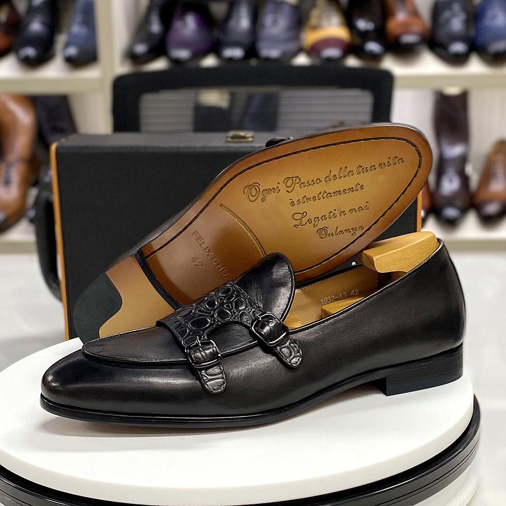 Fashion Luxury Men's Genuine Cow Leather Dress Shoes Green Black Slip-on Loafer Monk Strap Buckle Casual Business Wedding Footwear