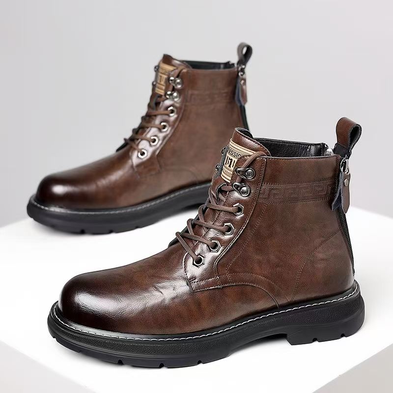 Men High Top Boots High Quality Casual Leather Booties Classic Side Zip Ankle Boots Plush Warm Winter Boots for Men Cotton Shoes