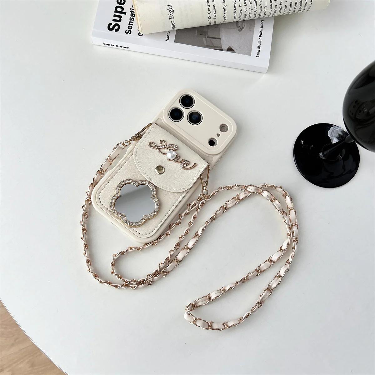 

Crossbody Mirror Wallet Card Holder Phone Case for IPhone 17 Air 16 15 14 Pro Max Plus 13 12 11 XS XR X Shockproof Leather Cover iPhone 13 Pro