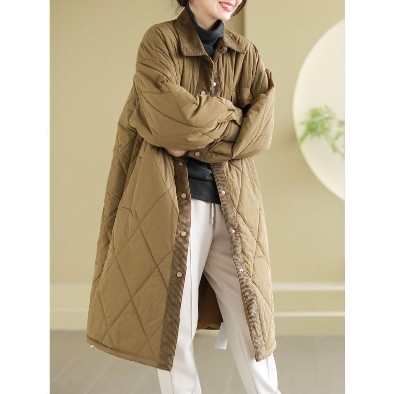 Large Size Women's Winter Clothing New Retro Literary Women's Cotton-padded Clothes Corduroy Splicing Padded Cotton Thickened Winter Coat Women