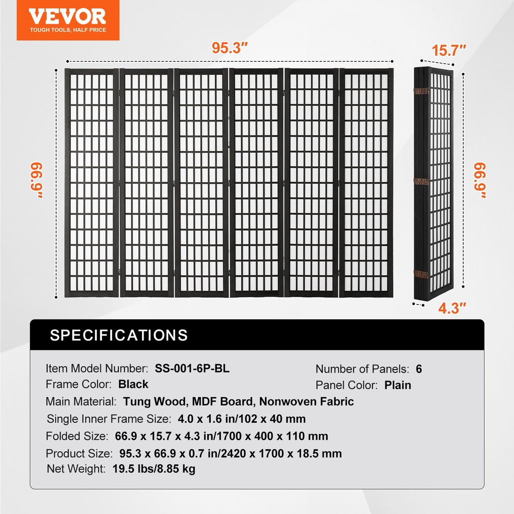 VEVOR Room Divider, 6 Panel Japanese Room Divider, Folding Privacy Screen Indoor, Portable Partition Dividers and Decoration Screens