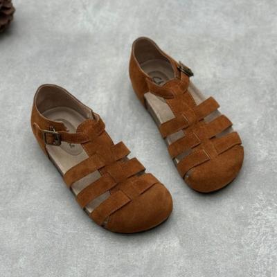 Sandales plates tissées à bout rond, chaussures rétro de couleur unie à semelle souple, polyvalentes et décontractées pour femmes