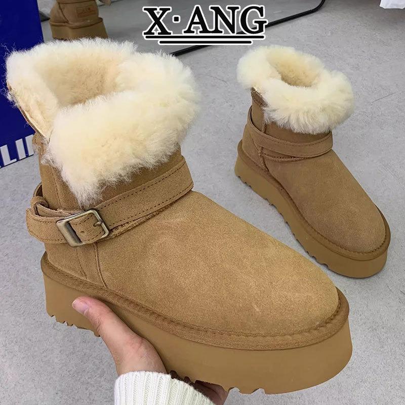 Sangpo sheepskin and fur integrated snow boots women's thick-soled non-slip two short boots piled and thickened thermal cotton shoes