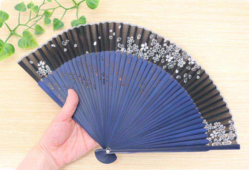 Folding Cherry Blossom 123009 Asahi-O Fan, Design, Black/Navy,