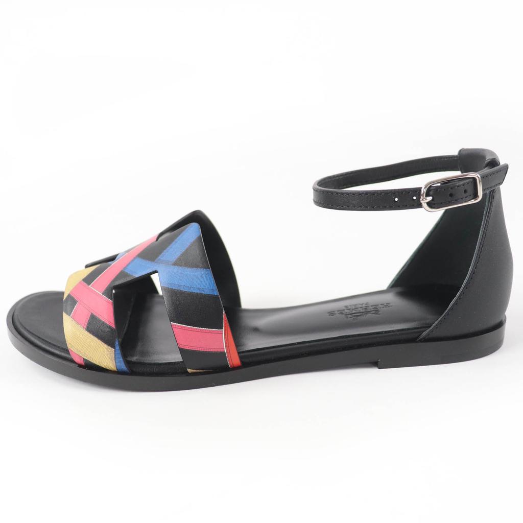Pristine HERMES Sandals Santorini Ankle Strap Leather Black Leather Women 35 Used