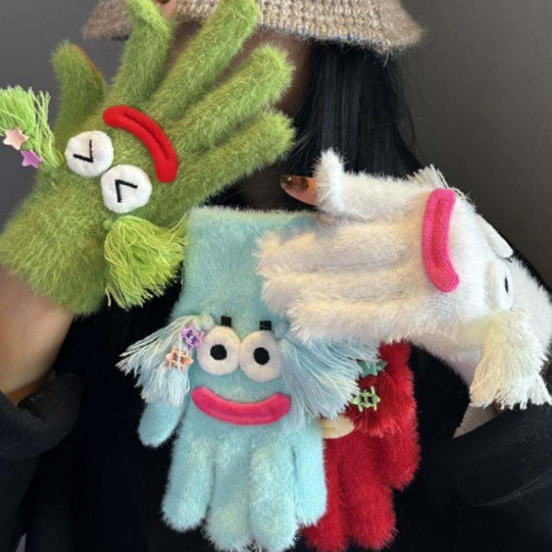 Korean version Cute funny ugly cute gloves winter female velvet warm windproof cold student riding touch screen five fingers