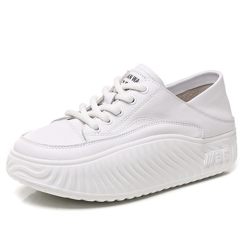 Genuine Leather Women Flat Casual Shoes Thick Sole Cow Leather Brand Laides White Shoes