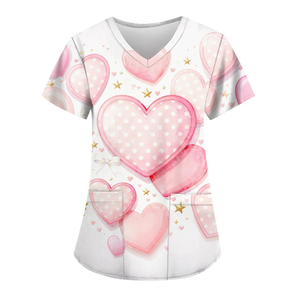 Women's Fashion Printed Short Sleeve V Neck Pattern Tops Pocket Working T-shirts