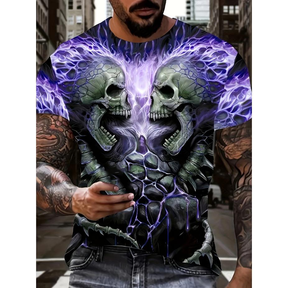 Plus Size Men's 3D Glow Skull & Flames Graphic Print T-shirt Funky Short Sleeve Tees For Summer, Halloween Men's Clothing